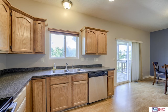 1215 Turtle Creek Rd, Lincoln, NE 68521 - kitchen featuring dishwasher, light wood-style flooring, dark countertops, and range with electric stovetop