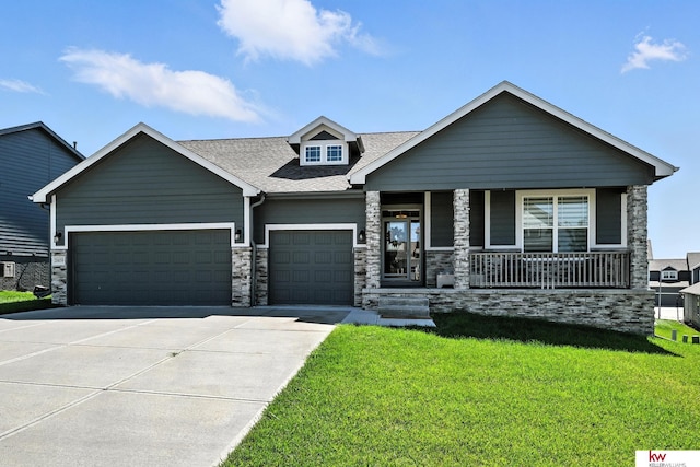 20459 C St, Omaha, NE 68022 - craftsman inspired home with an attached garage, concrete driveway, stone siding, a front yard, and a porch