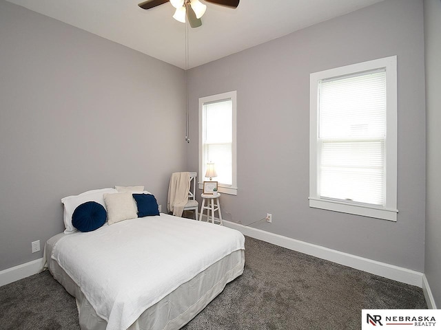 95 S Irving St, Fremont, NE 68025 - bedroom featuring dark carpet, multiple windows, and ceiling fan