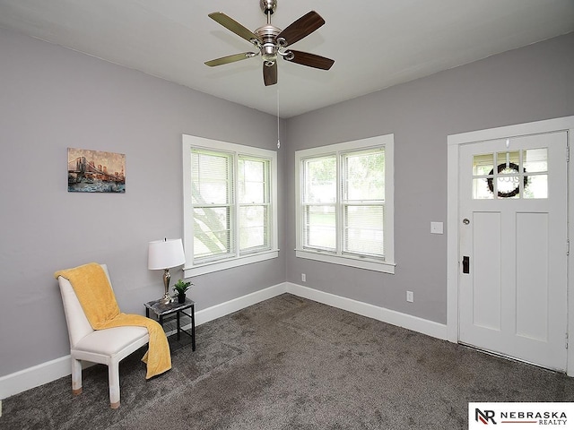 95 S Irving St, Fremont, NE 68025 - entrance foyer featuring dark colored carpet and ceiling fan