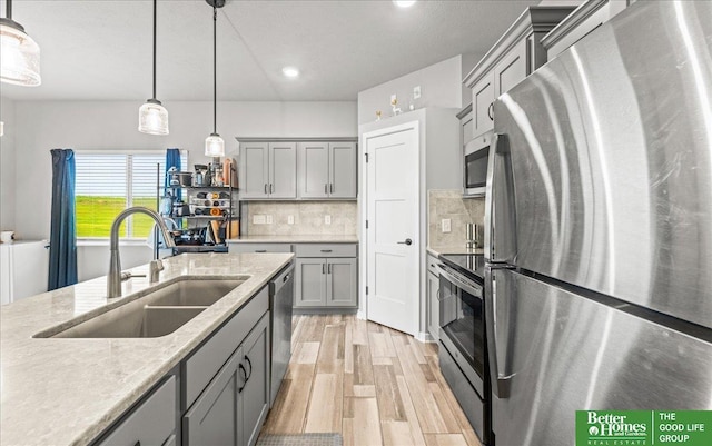 13512 S 55th St, Papillion, NE 68133 - kitchen featuring stainless steel appliances, gray cabinets, light wood finished floors, pendant lighting, and recessed lighting