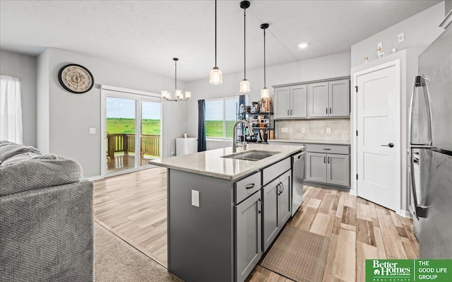 13512 S 55th St, Papillion, NE 68133 - kitchen with gray cabinetry, stainless steel appliances, open floor plan, light wood-style floors, and backsplash