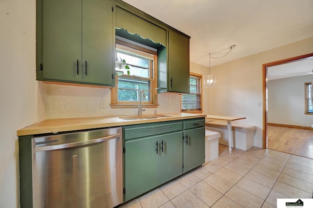 2340 S 36th St, Lincoln, NE 68506 - kitchen with dishwasher, green cabinetry, tasteful backsplash, and plenty of natural light