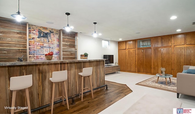 4211 S 36th St, Lincoln, NE 68506 - indoor bar featuring wooden walls, hanging light fixtures, and recessed lighting