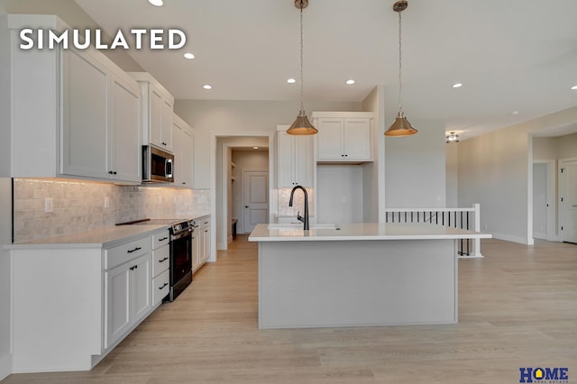 640 Eloise Ave, Lincoln, NE 68520 - kitchen with stainless steel microwave, electric range, backsplash, light wood-style floors, and white cabinets