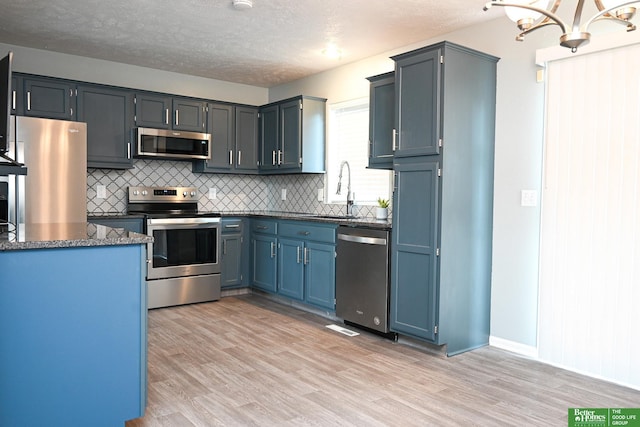 2412 Lewis And Clark Rd, Bellevue, NE 68123 - kitchen featuring stainless steel appliances, backsplash, light wood-type flooring, a chandelier, and a textured ceiling