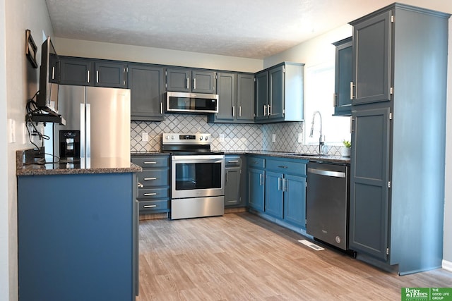 2412 Lewis And Clark Rd, Bellevue, NE 68123 - kitchen with appliances with stainless steel finishes, decorative backsplash, dark stone counters, light wood finished floors, and a textured ceiling