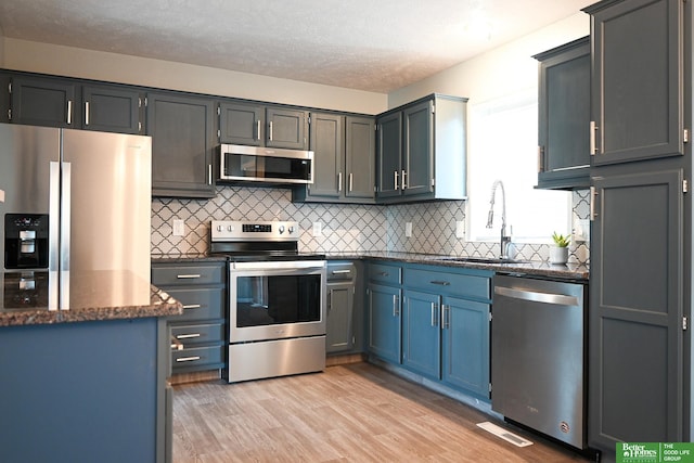 2412 Lewis And Clark Rd, Bellevue, NE 68123 - kitchen with stainless steel appliances, dark stone counters, light wood-type flooring, backsplash, and a textured ceiling