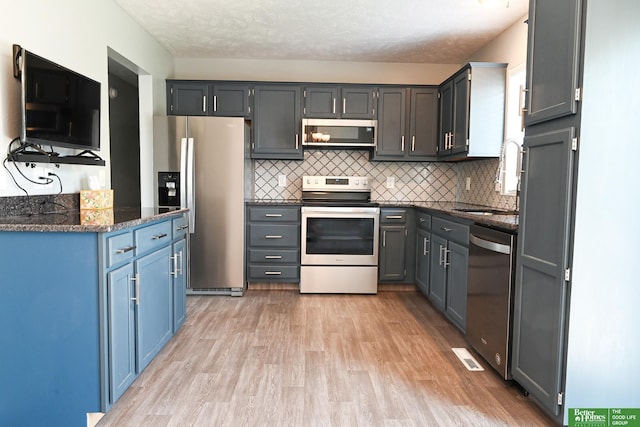 2412 Lewis And Clark Rd, Bellevue, NE 68123 - kitchen featuring stainless steel appliances, light wood finished floors, dark stone countertops, and tasteful backsplash