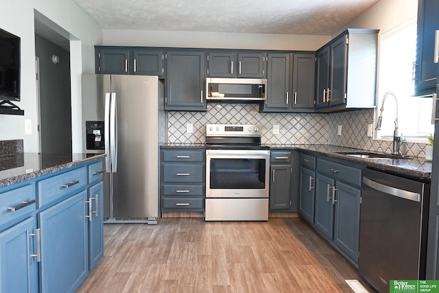 2412 Lewis And Clark Rd, Bellevue, NE 68123 - kitchen featuring appliances with stainless steel finishes, dark stone counters, blue cabinetry, light wood-style floors, and tasteful backsplash