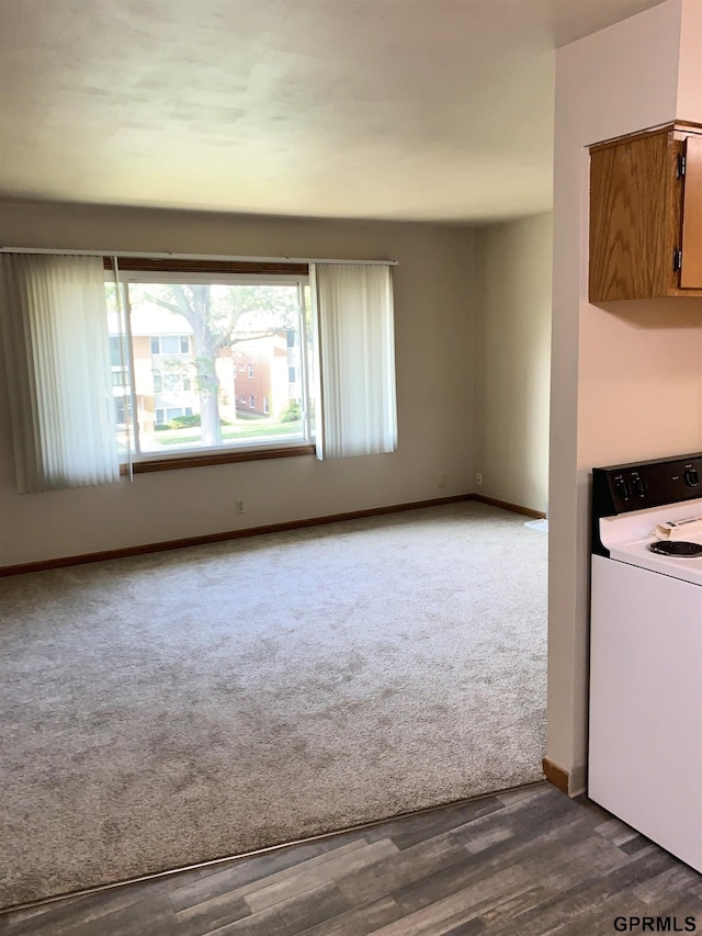 1321 D St, Lincoln, NE 68502 - kitchen featuring stove, carpet floors, wood finished floors, and brown cabinetry