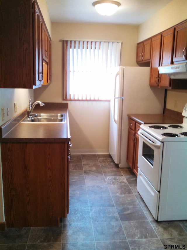 1321 D St, Lincoln, NE 68502 - kitchen featuring white electric range oven, under cabinet range hood, dark countertops, and brown cabinetry