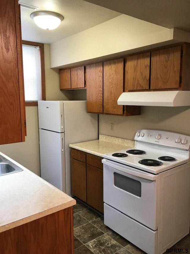 1321 D St, Lincoln, NE 68502 - kitchen featuring white appliances, under cabinet range hood, light countertops, and brown cabinetry
