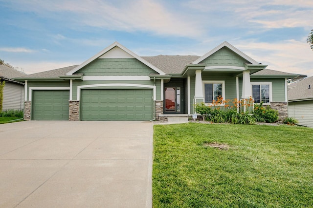 8023 S 193rd St, Gretna, NE 68028 - craftsman inspired home with stone siding, an attached garage, concrete driveway, a front yard, and a porch