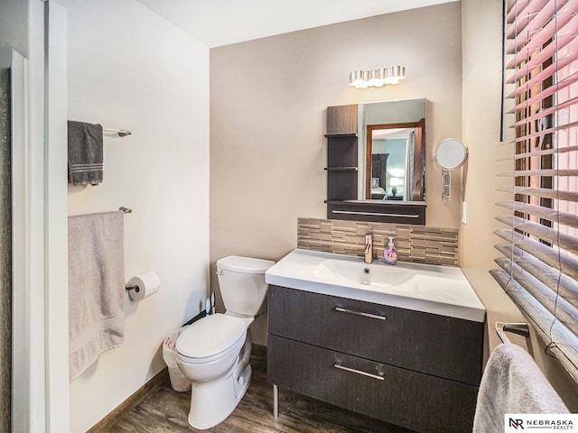 7533 Sherman St, Lincoln, NE 68506 - bathroom with vanity, wood finished floors, and tasteful backsplash