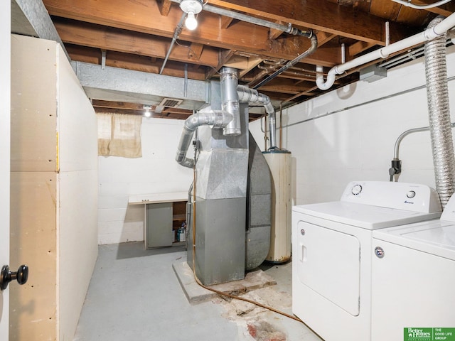 5075 Frances St, Omaha, NE 68106 - unfinished basement featuring water heater, washing machine and clothes dryer, heating unit, and concrete block wall