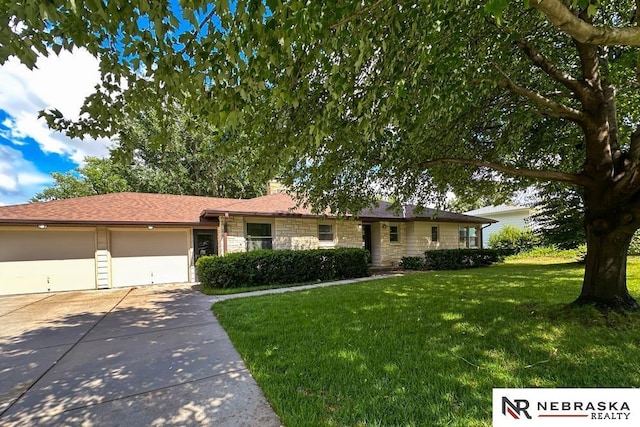 1113 S 94th St, Omaha, NE 68124 - single story home with driveway, a garage, a front lawn, stone siding, and a chimney