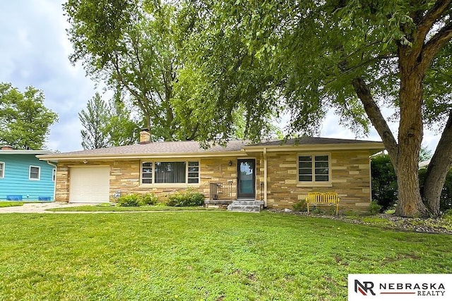 4520 Polk St, Omaha, NE 68117 - ranch-style house with stone siding, a garage, a front lawn, and a chimney