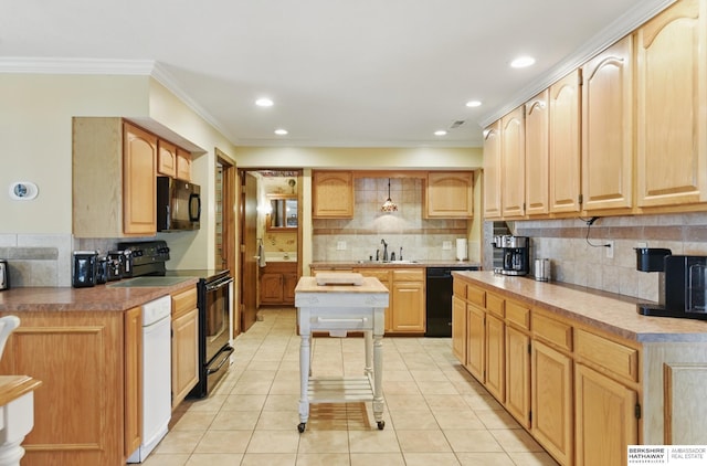2618 Platte River Dr, Bellevue, NE 68123 - kitchen with black appliances, tasteful backsplash, ornamental molding, light brown cabinetry, and light tile patterned floors