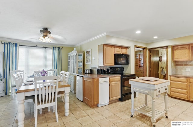 2618 Platte River Dr, Bellevue, NE 68123 - kitchen featuring black appliances, a ceiling fan, backsplash, light tile patterned floors, and crown molding