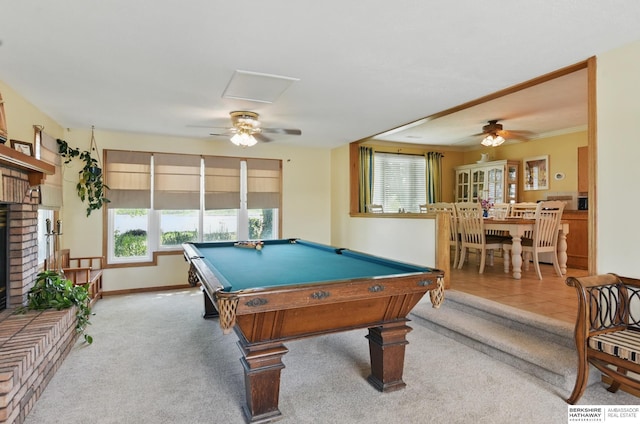 2618 Platte River Dr, Bellevue, NE 68123 - recreation room featuring carpet floors, a ceiling fan, and billiards
