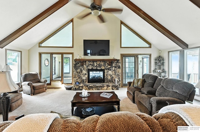 2618 Platte River Dr, Bellevue, NE 68123 - carpeted living room with beamed ceiling, high vaulted ceiling, a fireplace, and ceiling fan