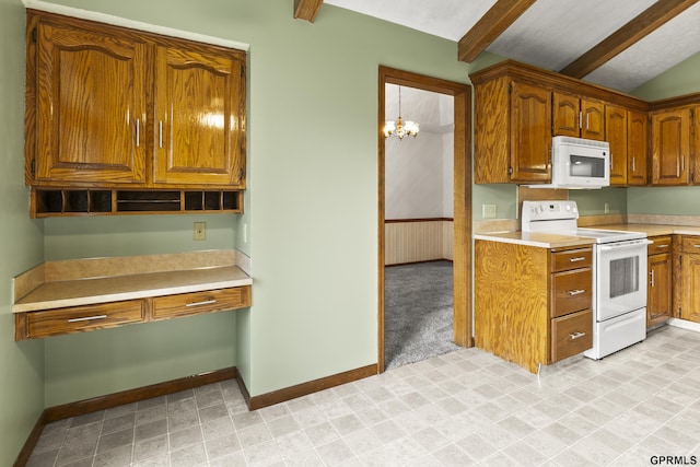 3728 Schuemann Dr, Bellevue, NE 68123 - kitchen featuring white appliances, built in study area, light countertops, brown cabinets, and a chandelier