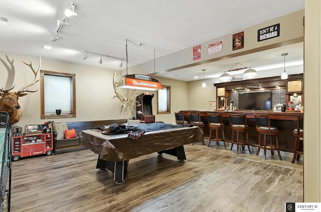 4806 Steavenson Loop, Blair, NE 68008 - rec room with wood finished floors, billiards, bar with sink, rail lighting, and a textured ceiling