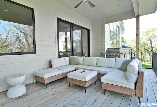 8150 S 185th St, Omaha, NE 68136 - wooden deck with ceiling fan, an outdoor hangout area, and grilling area