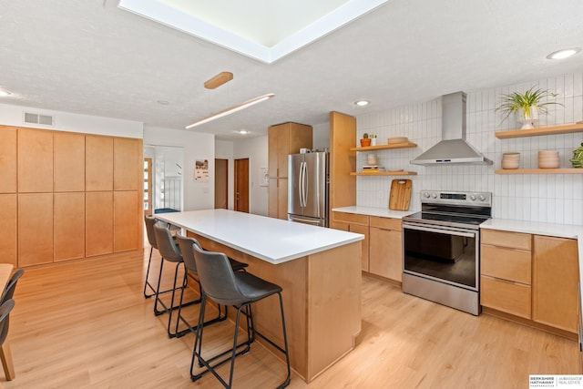 1133 S 96th St, Omaha, NE 68124 - kitchen featuring stainless steel appliances, wall chimney exhaust hood, open shelves, light wood-style flooring, and a breakfast bar area