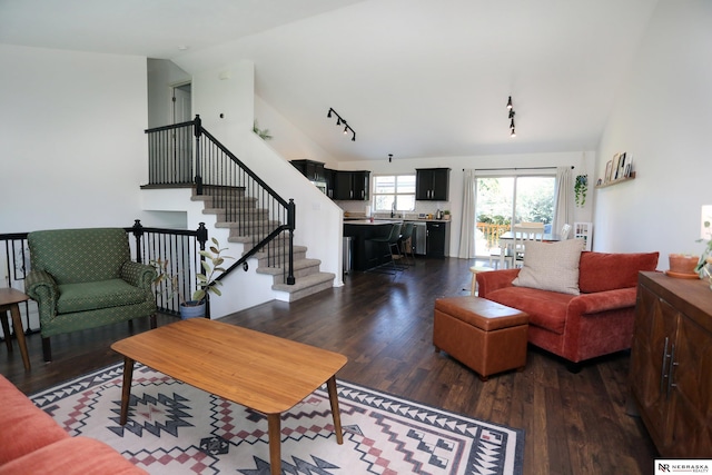 13719 S 43rd Ave, Bellevue, NE 68123 - living area featuring dark wood-style flooring, track lighting, stairway, and lofted ceiling