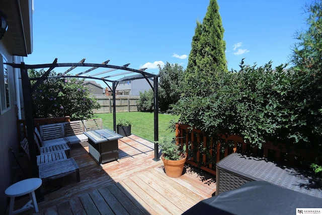 13719 S 43rd Ave, Bellevue, NE 68123 - wooden deck featuring a pergola, a fenced backyard, and an outdoor living space