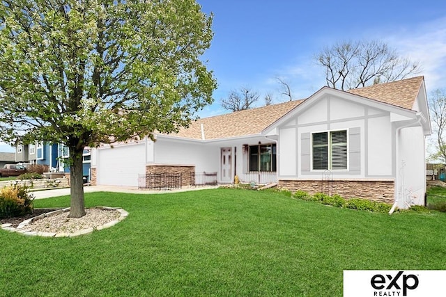2611 N 189th St, Elkhorn, NE 68022 - single story home featuring stone siding, a shingled roof, a front lawn, and an attached garage