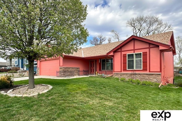 2611 N 189th St, Elkhorn, NE 68022 - ranch-style house featuring a shingled roof, an attached garage, stone siding, a front lawn, and driveway