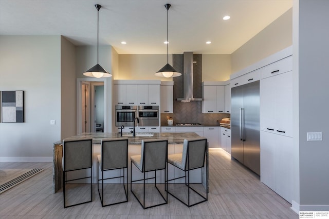 6217 N 295th St, Valley, NE 68064 - kitchen with wall chimney exhaust hood, modern cabinets, white cabinetry, stainless steel appliances, and a breakfast bar area