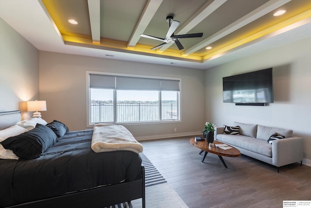 6217 N 295th St, Valley, NE 68064 - bedroom with a tray ceiling, recessed lighting, dark wood-style flooring, and ceiling fan