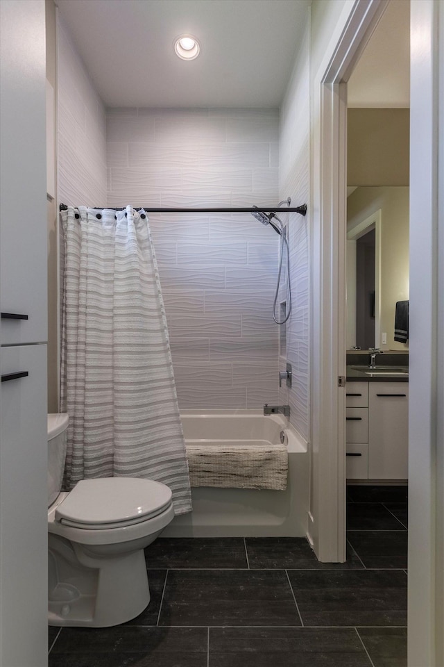 6217 N 295th St, Valley, NE 68064 - bathroom with shower / tub combo with curtain, vanity, recessed lighting, and tile patterned floors