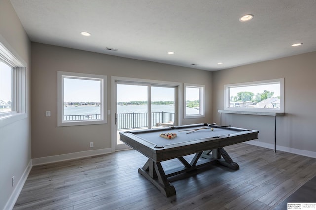 6217 N 295th St, Valley, NE 68064 - playroom with pool table, recessed lighting, light wood-type flooring, and a water view
