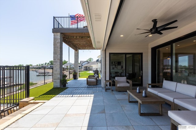 6217 N 295th St, Valley, NE 68064 - patio / terrace featuring outdoor lounge area, a patio, a water view, and ceiling fan
