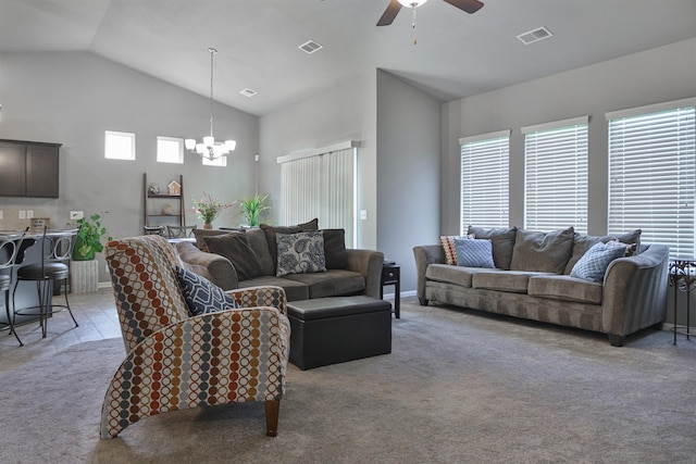 17457 Ames Ave, Omaha, NE 68116 - living room featuring a chandelier, light colored carpet, plenty of natural light, ceiling fan, and high vaulted ceiling