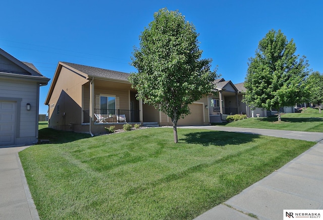 17457 Ames Ave, Omaha, NE 68116 - view of front of house with an attached garage, a front lawn, driveway, and a porch