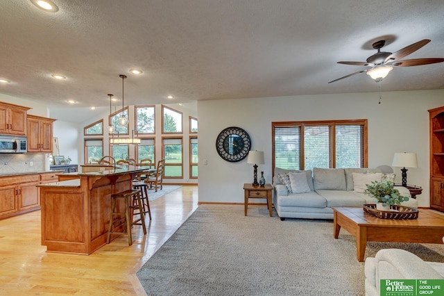 19311 Josephine St, Gretna, NE 68028 - living area with healthy amount of natural light, a textured ceiling, ceiling fan, light wood-type flooring, and recessed lighting