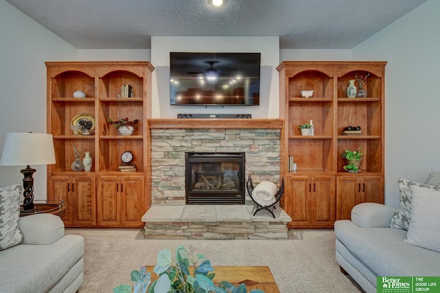 19311 Josephine St, Gretna, NE 68028 - living room with carpet flooring, a fireplace, and a textured ceiling