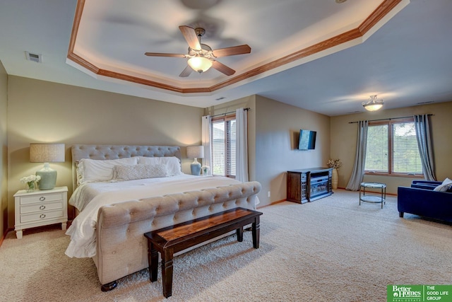 19311 Josephine St, Gretna, NE 68028 - bedroom with a tray ceiling, carpet, crown molding, and a ceiling fan