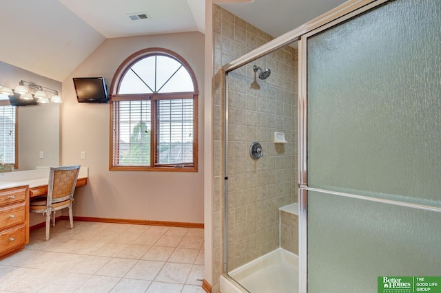 19311 Josephine St, Gretna, NE 68028 - full bathroom featuring vanity, a stall shower, lofted ceiling, and tile patterned floors