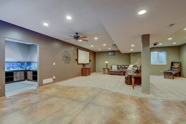 19311 Josephine St, Gretna, NE 68028 - living room featuring ceiling fan, light carpet, and recessed lighting