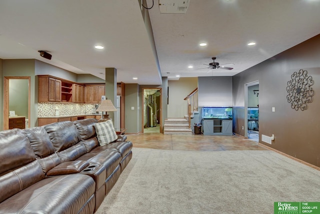 19311 Josephine St, Gretna, NE 68028 - living room featuring recessed lighting, stairs, ceiling fan, and light colored carpet