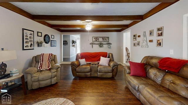 living room featuring beamed ceiling, baseboards, and dark wood finished floors