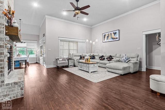 5301 Bridger Park Ct, Jonesboro, AR 72405 - living room with ceiling fan, ornamental molding, wood finished floors, a high ceiling, and recessed lighting