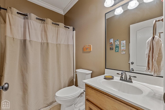 bathroom featuring vanity, ornamental molding, tile patterned floors, a shower with curtain, and toilet